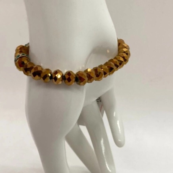 APT. 9 Gold Tone Stretch Bracelet with Faceted Beads & Green Pave Cross Charm - Picture 13 of 13